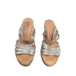 BORN Metallic Gold Leather Strappy Wedge Sandals Jute Espadrille Platform Size 8